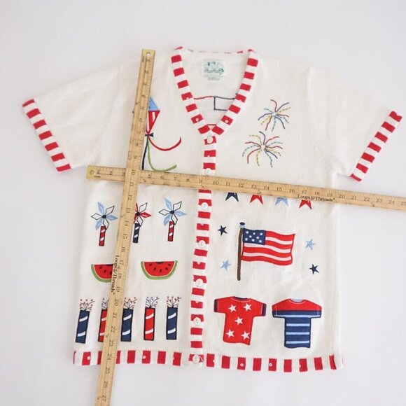The Quacker Factory White Knit Red Patriotic USA Independence Day Cardigan S - Picture 4 of 11